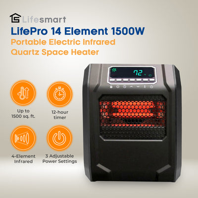 Lifesmart 4 Element 1500W Portable Electric Infrared Quartz Space Heater, Indoor
