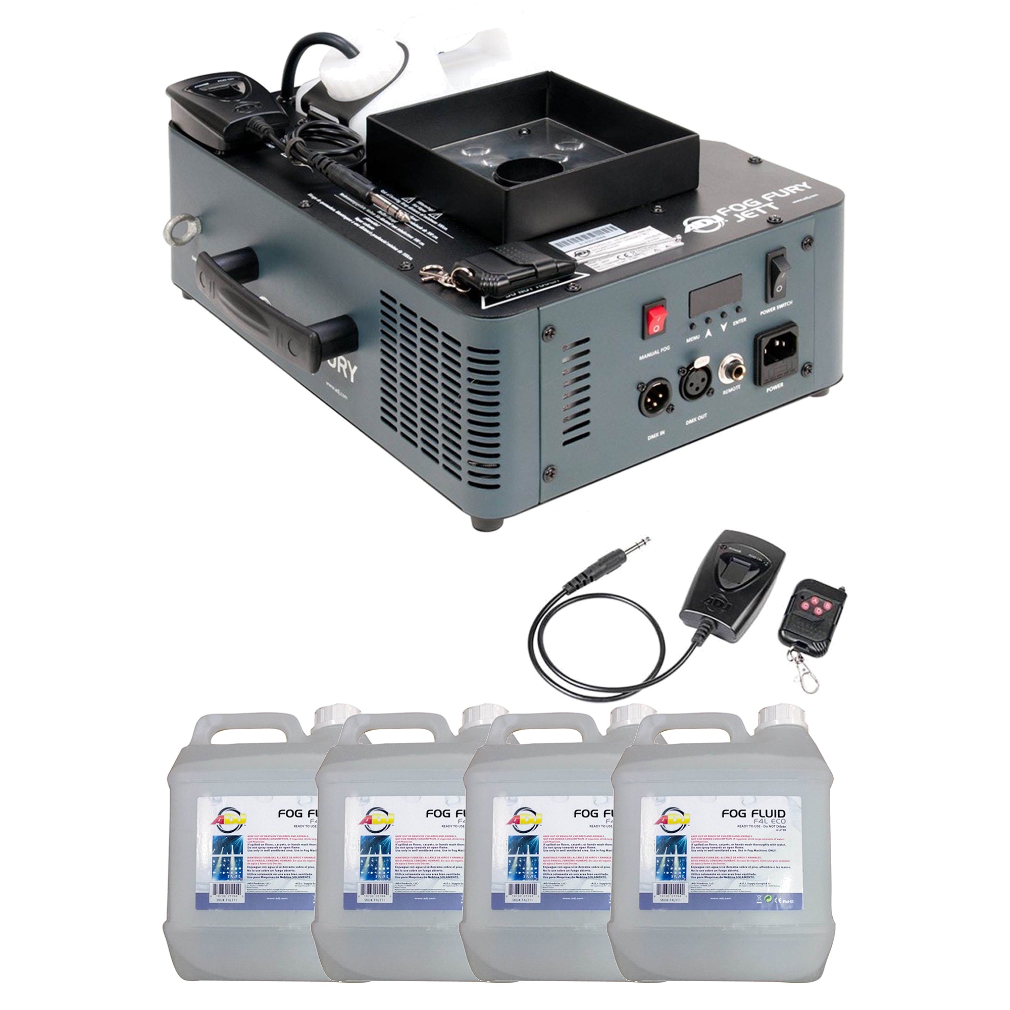 ADJ Fog Fury Jett Fog Machine w/LEDs, Remote Control & 4 Liter Fog Fluid, 4-Pack