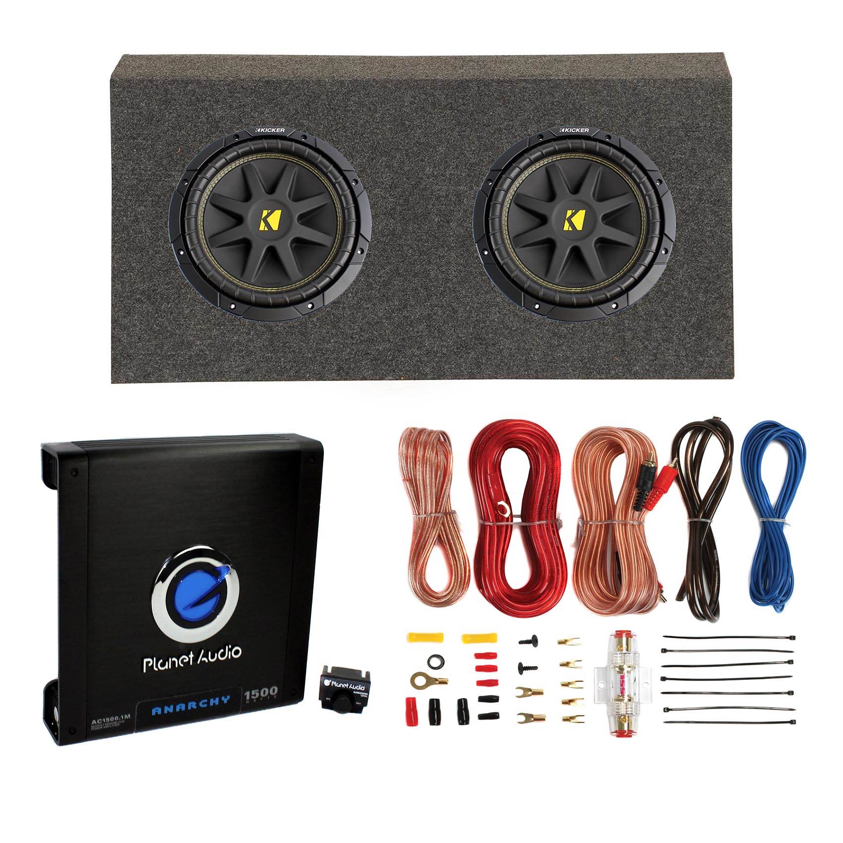 Kicker 10 Inch 600W Subwoofers (2) , Jeep Enclosure Box, Amplifier, & Wire Kit