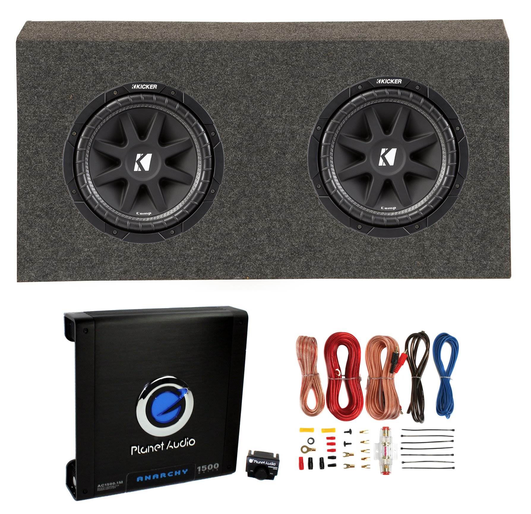 Kicker 12 Inch 600W Subwoofers (2) + Jeep Sub Box + Car Amplifier +Wiring Kit