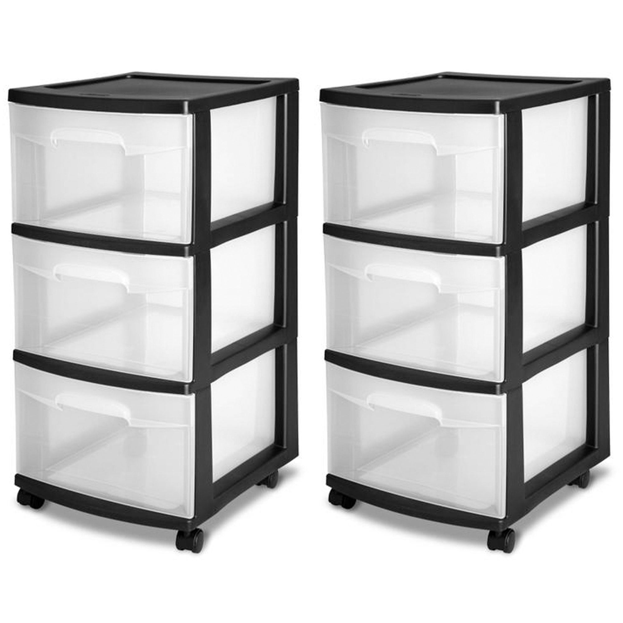 Sterilite 3-Drawer Plastic Rolling Storage Cart, Clear with Black Frame (2-Pack) - VMInnovations