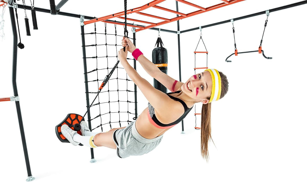 Monkey Bar Box A + Monkey Bar Box B + Monkey Bar Box C + Monkey Bar Box E (2 Pack) + Monkey Bar Box F (2 Pack) + Monkey Bar Box H + Quest Shade Cover (XL) + Cargo Net (XL/L) + Gym Rope + Monkey Swing + Climbing Ladder + Round Ninja Grips (set of 6) + Fl