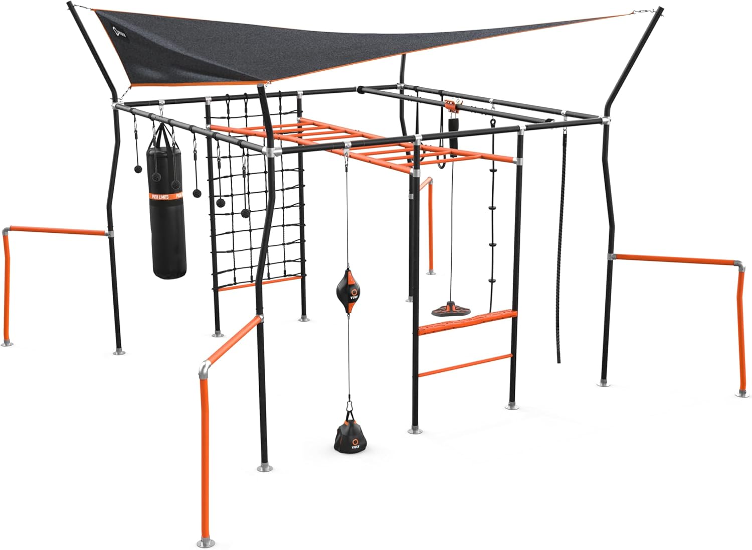 Monkey Bar Box A + Monkey Bar Box B + Monkey Bar Box C + Monkey Bar Box E (2 Pack) + Monkey Bar Box F (2 Pack) + Monkey Bar Box H + Quest Shade Cover (XL) + Cargo Net (XL/L) + Gym Rope + Jungle Rope + Flying Fox + Roman Rings (2) + Boxing Bag + Punching - VMInnovations