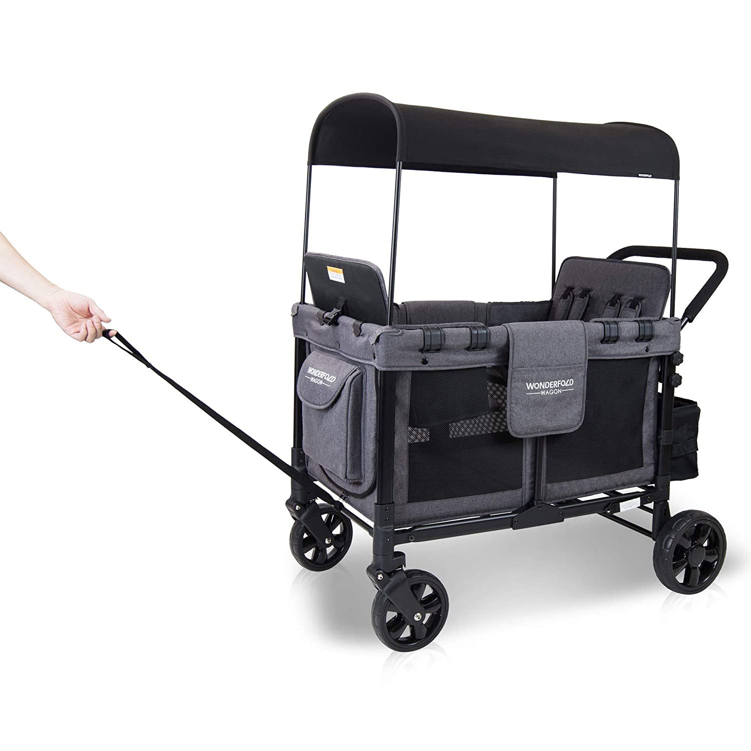 WONDERFOLD 4 Person Folding Push Stroller Wagon w/ Canopy, Gray (Open Box)