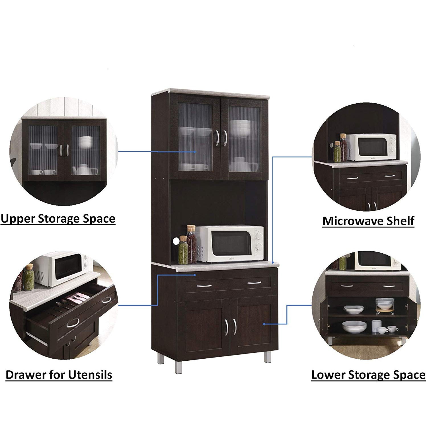 Hodedah Dining Room China Dinnerware Microwave Storage Cabinet, Chocolate - VMInnovations
