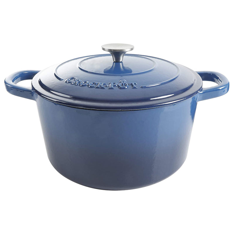 Crock-Pot 7 Quart Round Enamel Cast Iron Covered Dutch Oven Slow Cooker, Blue