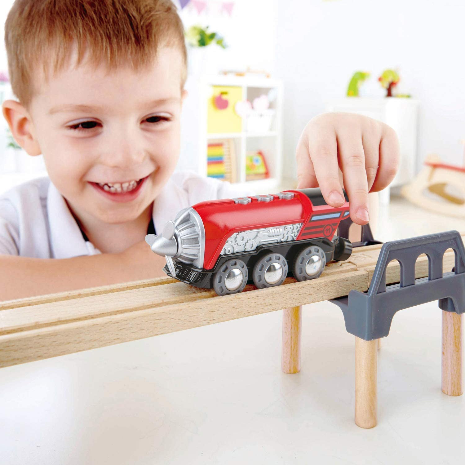 Hape Kids Wooden Magnetic Railway Rotating Propeller Steam Engine Train Toy, Red - VMInnovations