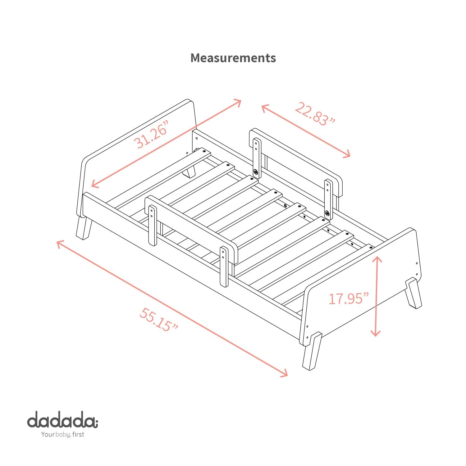 dadada Muse Low Profile Toddler Bed w/2 Removeable Side Rails, White (Open Box) - VMInnovations