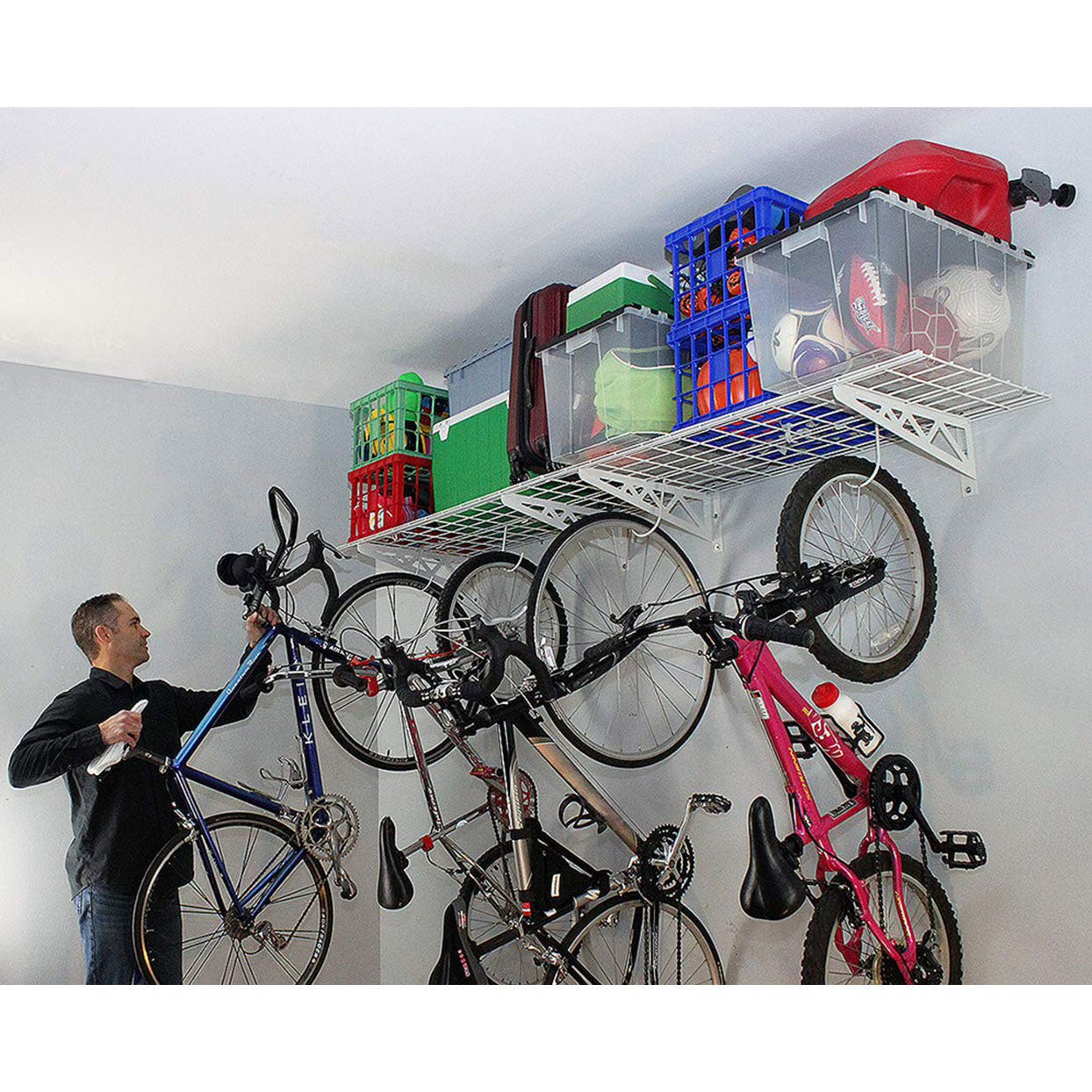 SafeRacks 18 x 48 Inch Garage Wall Shelf Two-Pack with Bike Tire Hooks, White - VMInnovations