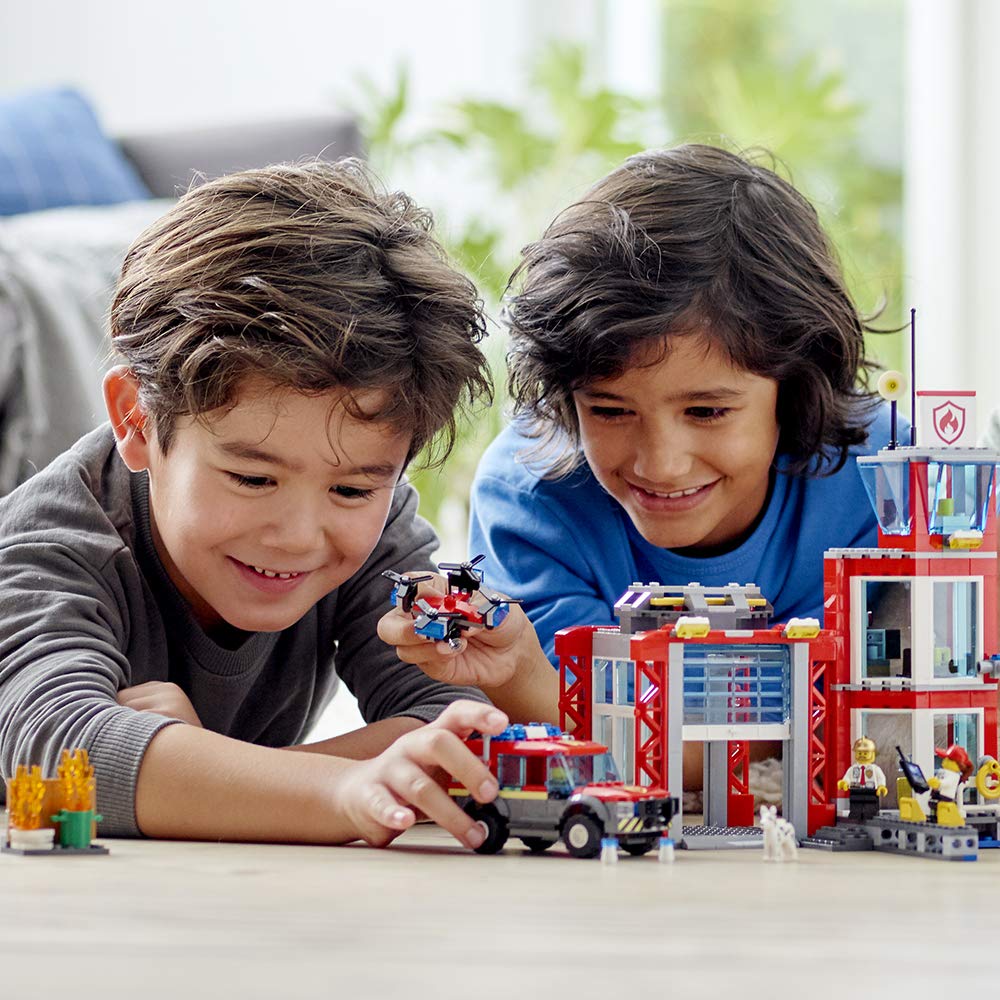 LEGO City 60215 Fire Station Block Building Set with 4 Minifigures, Dog, & Truck