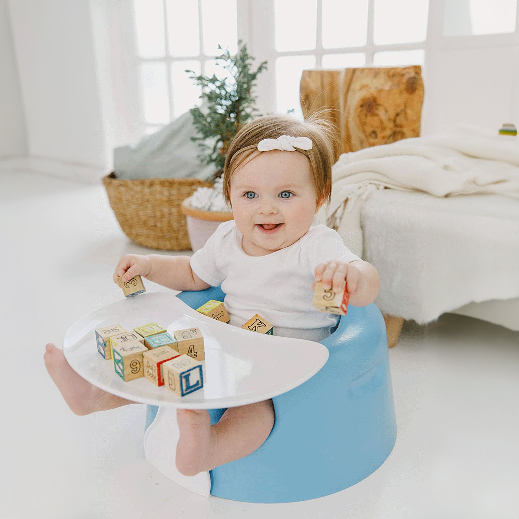 Bumbo Baby Infant Soft Foam Floor Seat w/ Play Top Tray Attachment, Powder Blue - VMInnovations