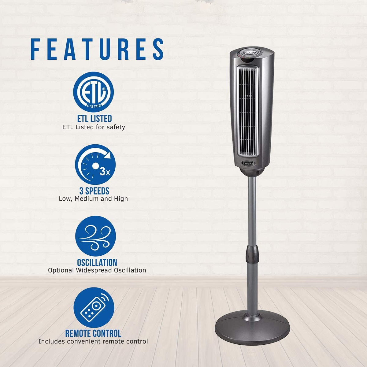 Lasko 52 Inch 3 Speed Quiet Oscillating Tower Pedestal Fan with Remote, Black