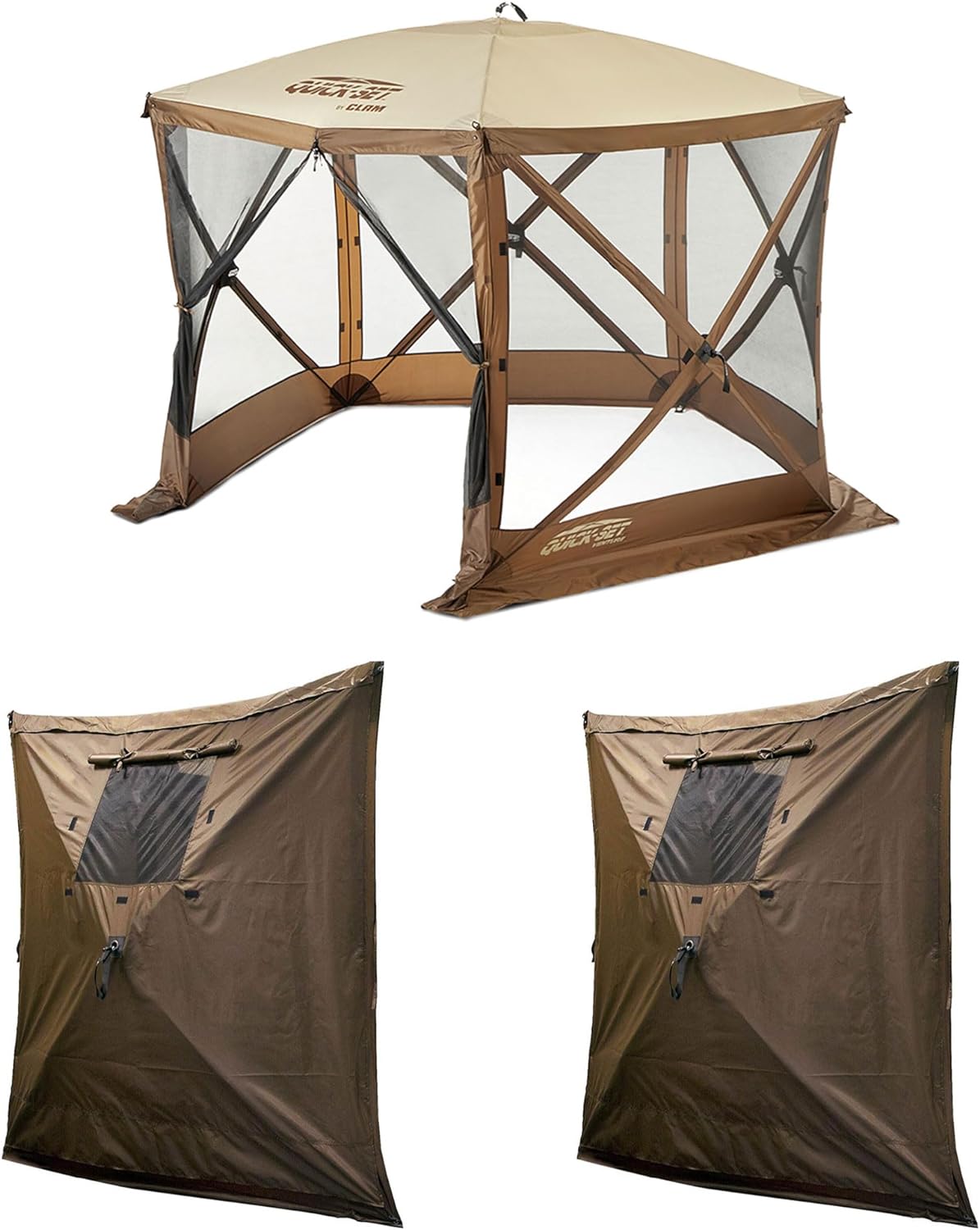 Clam Portable Outdoor Camping Canopy, Brown + Clam Quick Set Wind and Sun Panels - VMInnovations