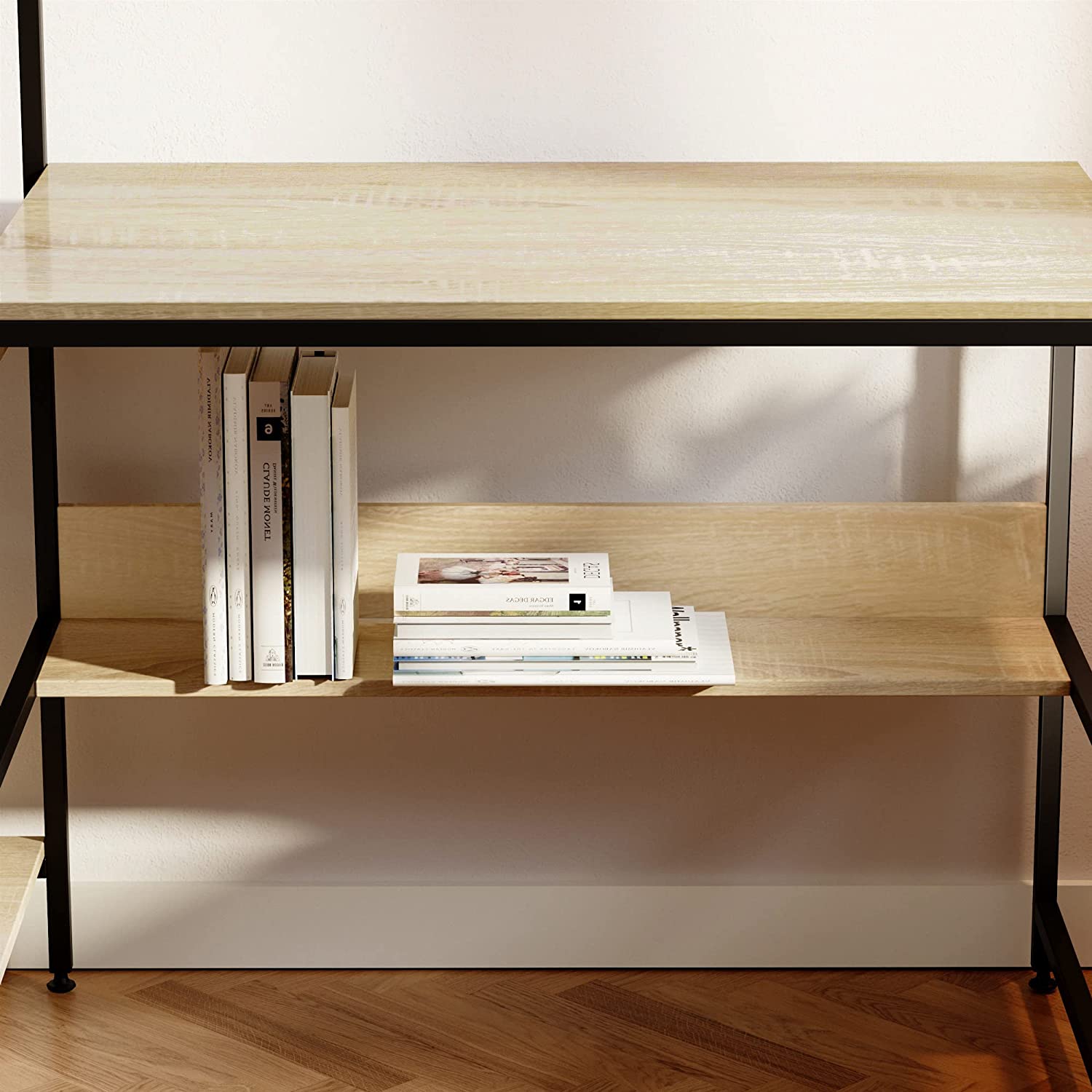 Bestier Computer Office Desk Workstation with Side Storage Shelves & Hook, Oak - VMInnovations