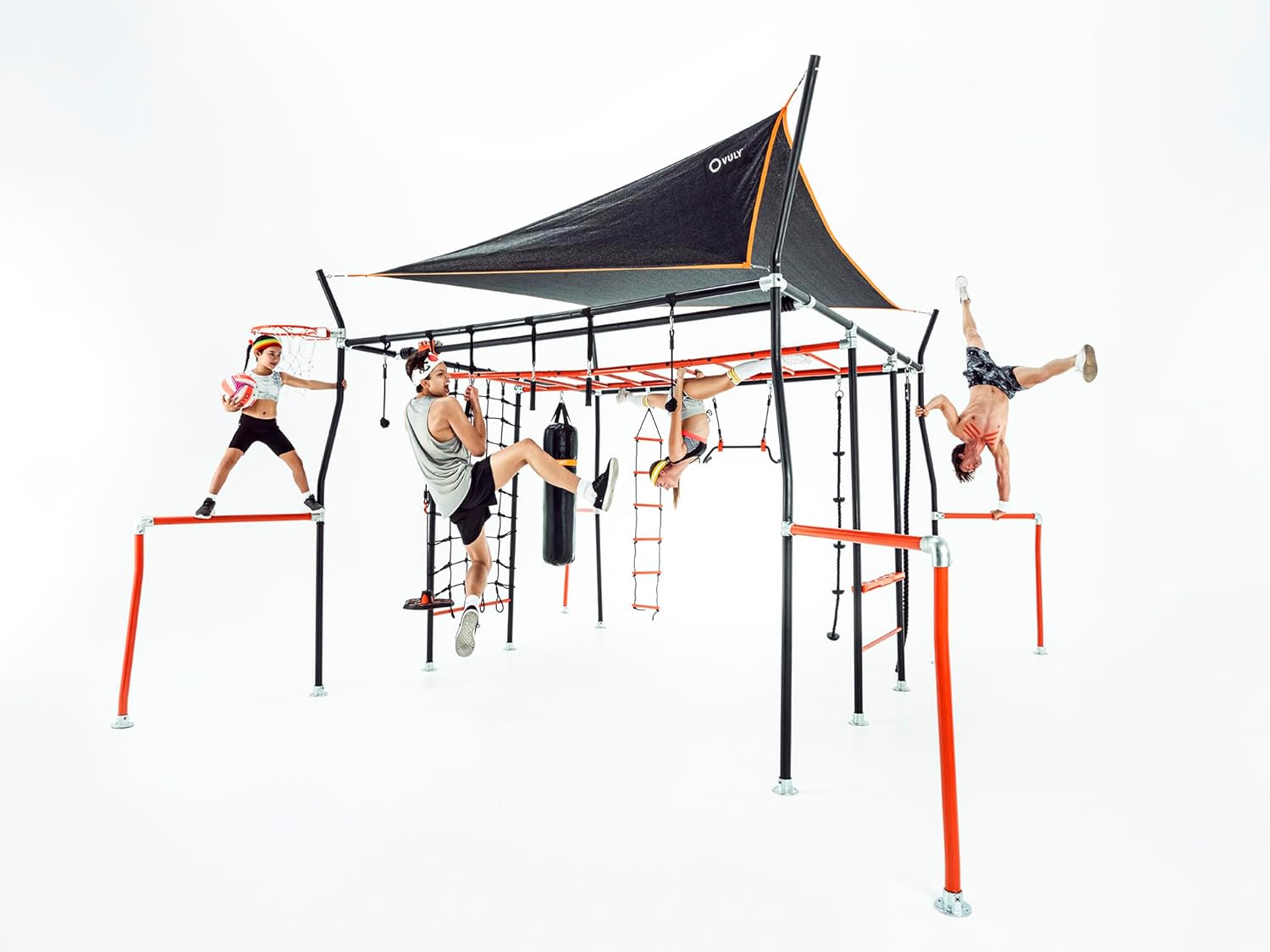 Monkey Bar Box A + Monkey Bar Box B + Monkey Bar Box C + Monkey Bar Box E + Monkey Bar Box F + Monkey Bar Box G + Cargo Net (XL/L) + Quest Shade Cover (Large) + Bungee Rope + Bounce Swing only (no bungee) + Gym Rope - VMInnovations