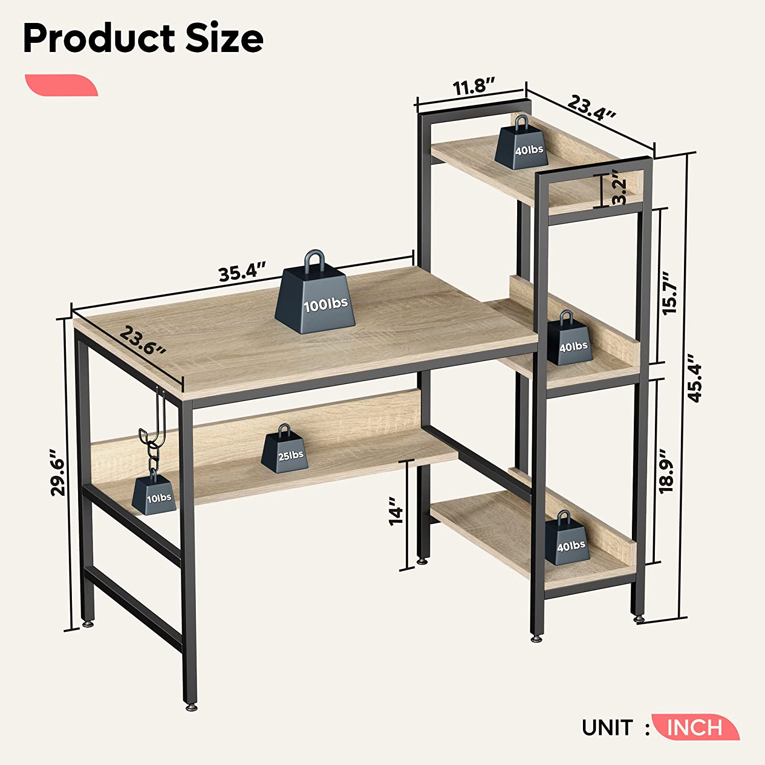 Bestier Computer Office Desk Workstation with Side Storage Shelves & Hook, Oak - VMInnovations