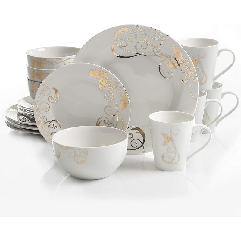 Gibson Porcelain 16 Piece Dinnerware Set Plates, Bowls, & Mugs, Seasonal Gold