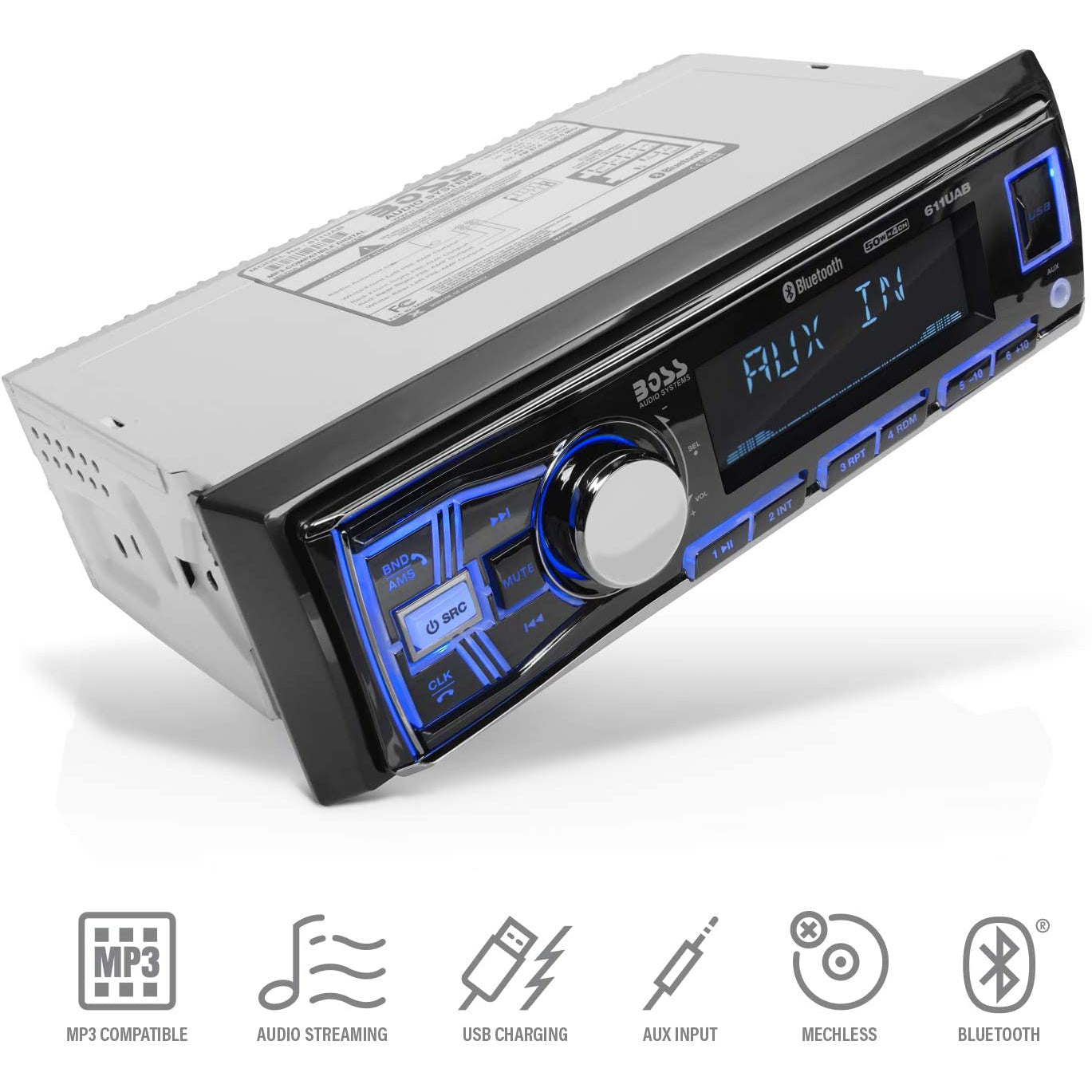 Boss 611UAB Single Din USB/SD AUX Bluetooth Radio Car Stereo Receiver (4 Pack)