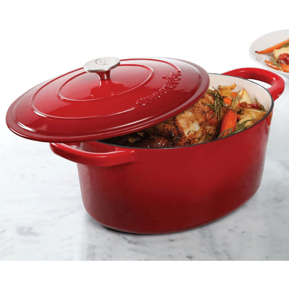 Crock-Pot 7 Qt Cast Iron Dutch Oven + Gibson CrockPot Stoneware Soup Bowls, Red - VMInnovations