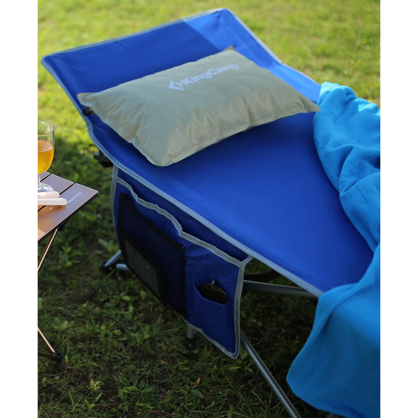 KingCamp Folding Deluxe Portable Camping Side Pocket Bed Cot, Blue (Open Box)