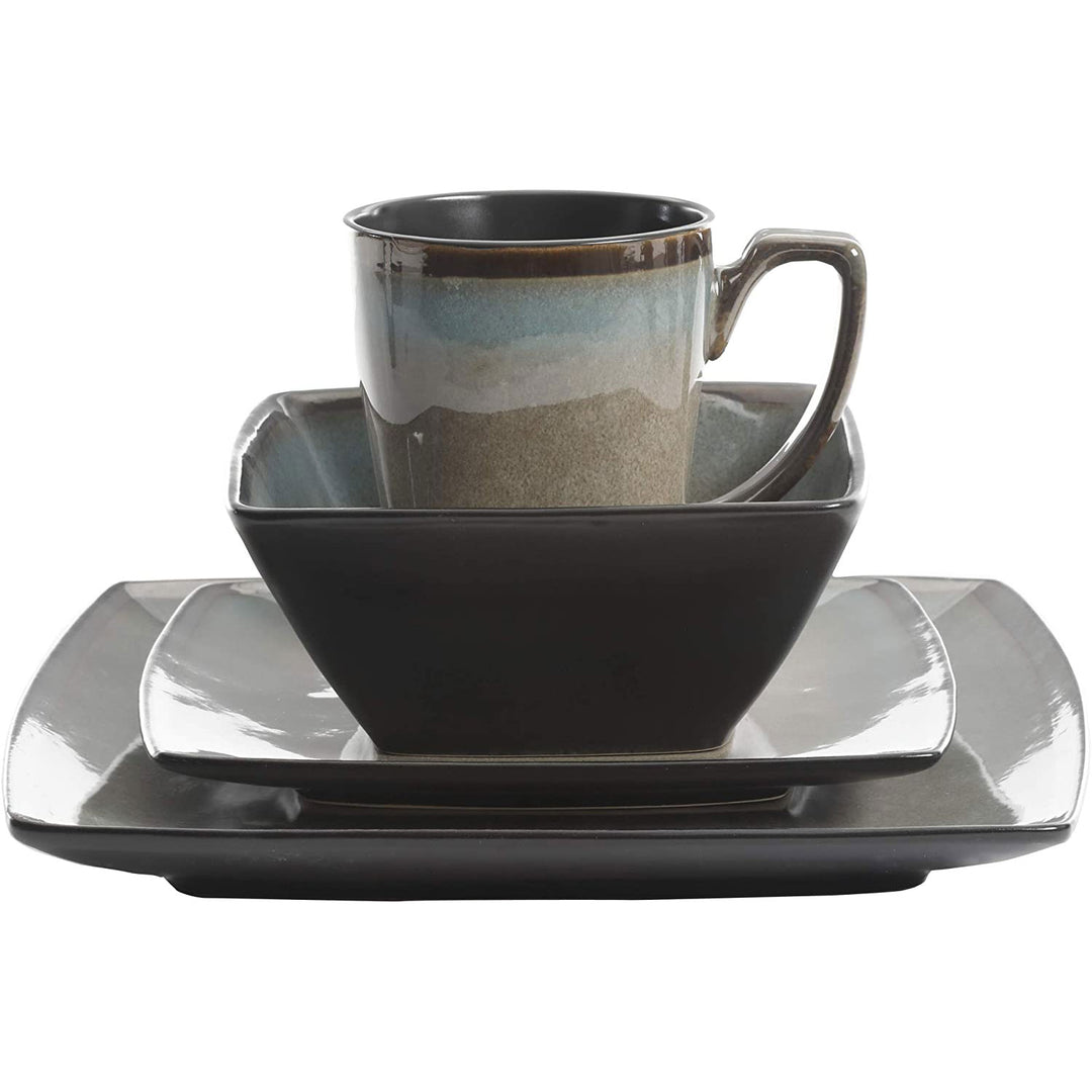 Gibson Elite 16 Piece Glazed Square Dinnerware Set with Plates, Bowls, and Mugs - VMInnovations