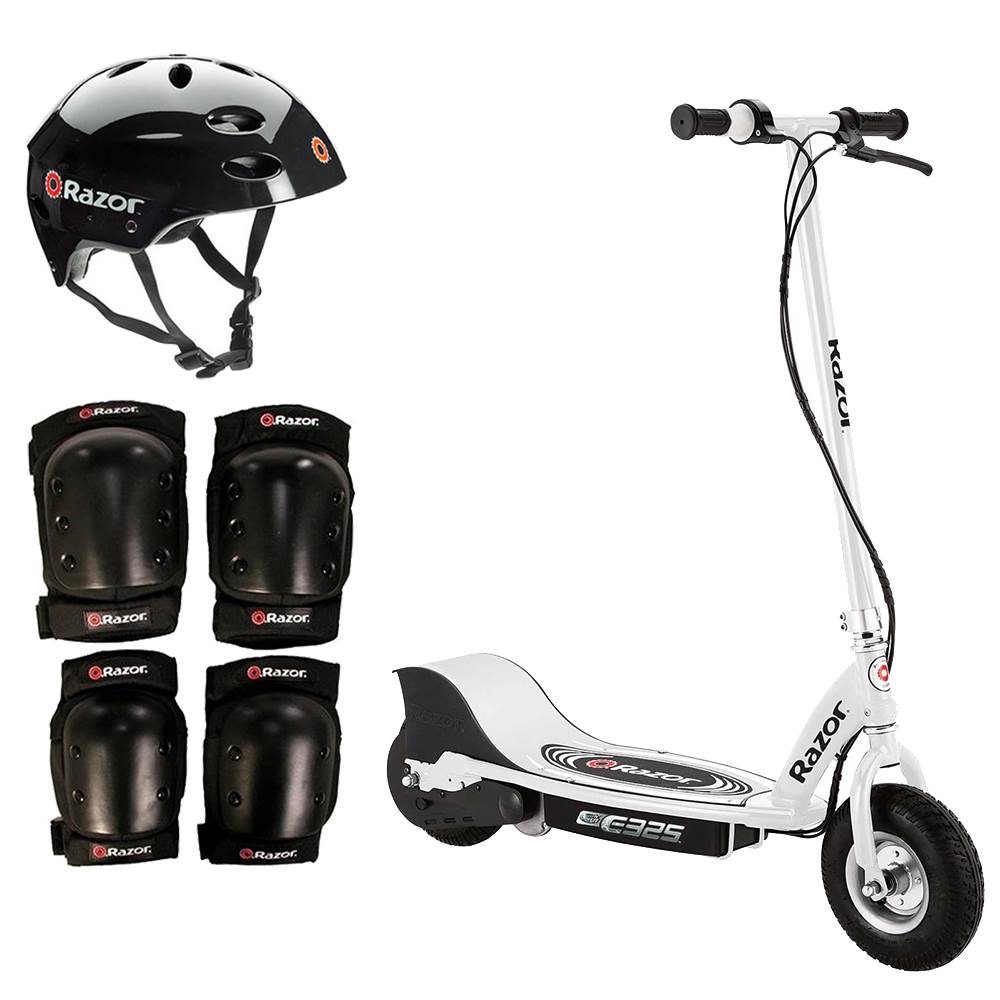 Razor E325 Adult High-Torque Electric Powered Scooter with Helmet & Pads, White