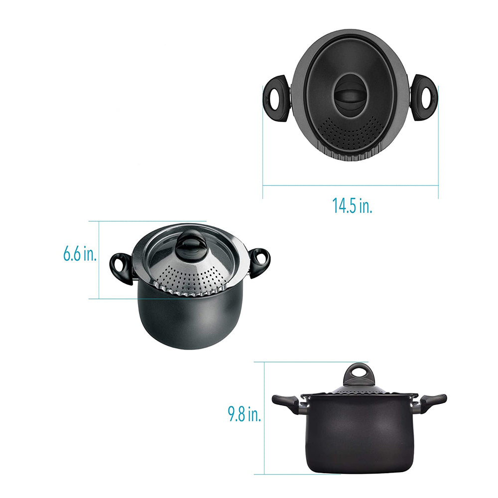 Bialetti 7265 Nonstick Aluminum 5 Quart Kitchen Pasta Pot w/ Strainer Lid, Black