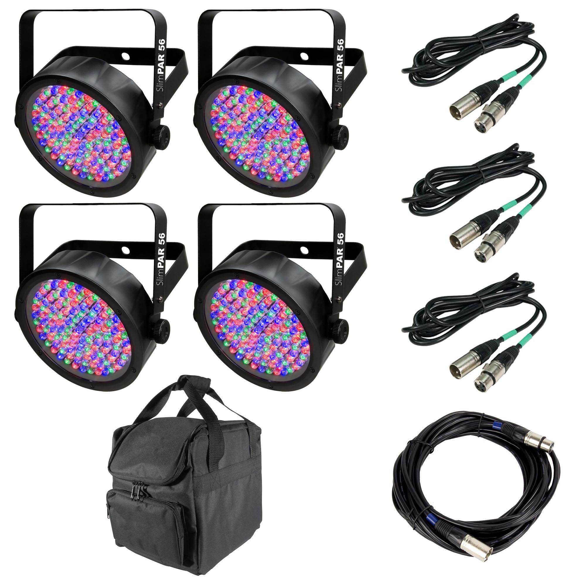 Chauvet SlimPar 56 LED Light (4) + 25' DMX Cable + 10' DMX Cable (3) + Carry Bag