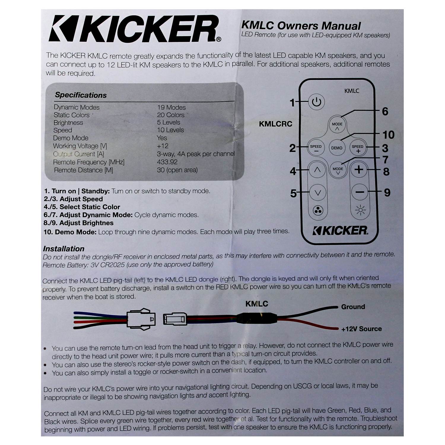 Kicker 41KMLC Marine Speakers Subs LED Multi-Color Lighting Remote -Open Box
