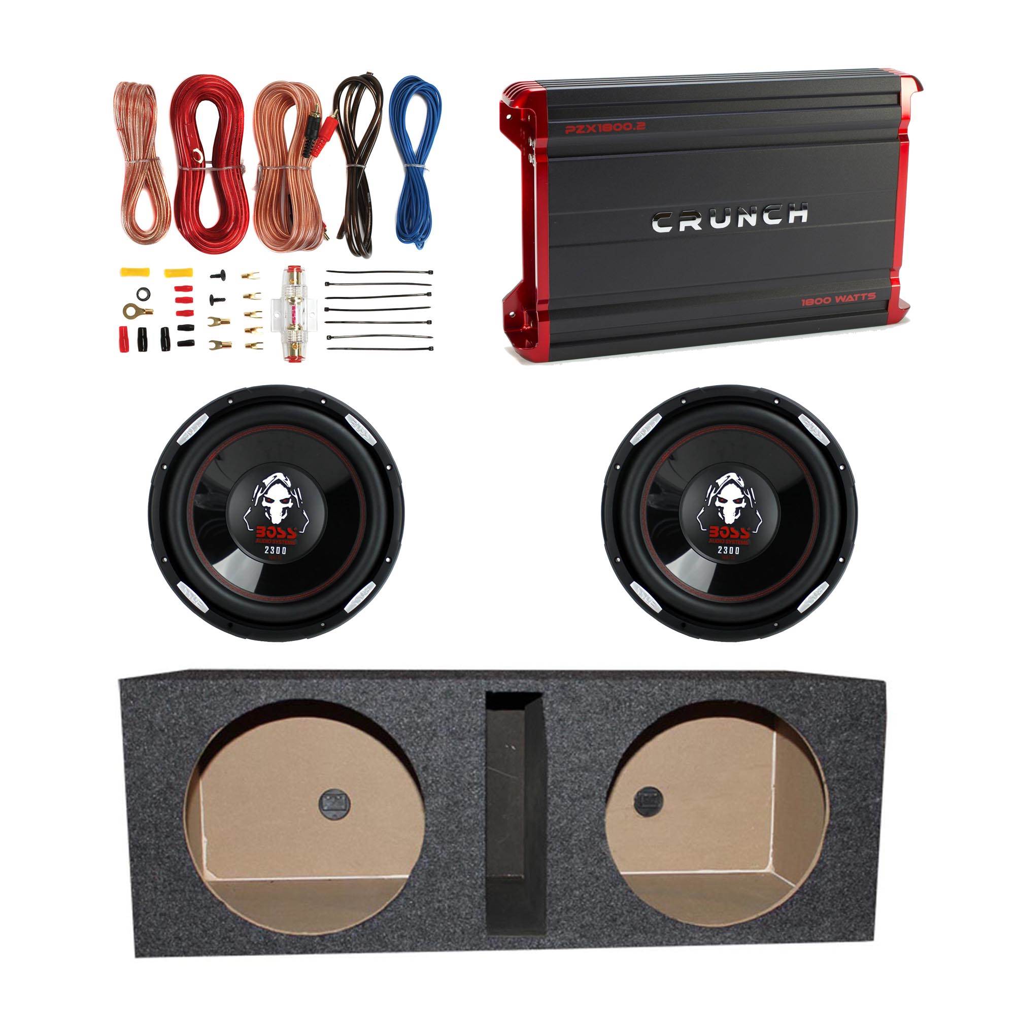 Crunch 1800W Amplifier + 12" 2300W Subwoofer (2 Pack) + Enclosure Box + Wiring