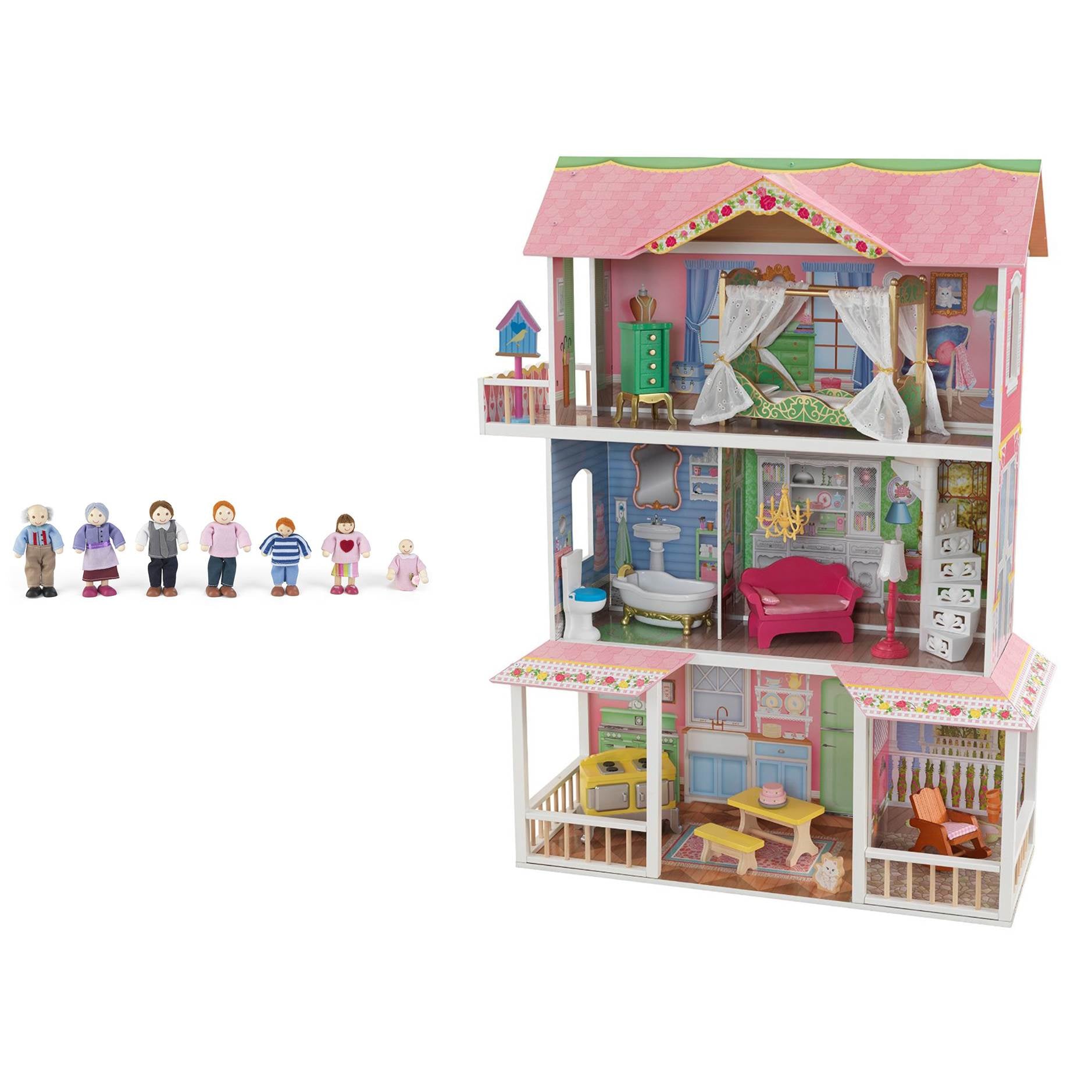 KidKraft Sweet Savannah 3 Level Wooden Dollhouse with Furniture + Doll Family