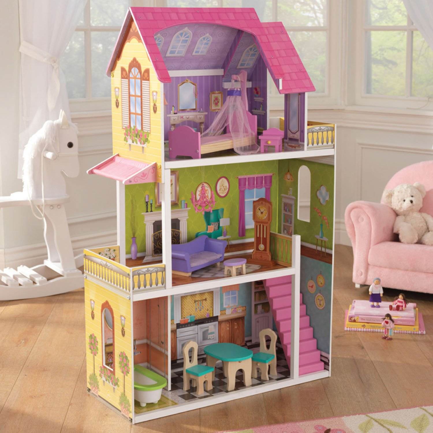 KidKraft Florence 3-Floor Wooden Dollhouse with Furniture + Wooden Doll Family