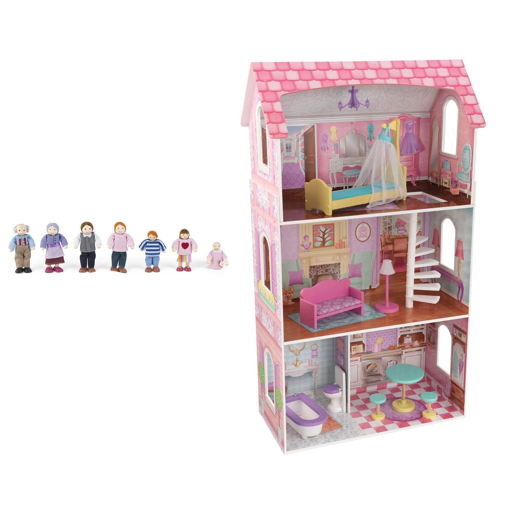 KidKraft Penelope Soft Pastel Wooden Play Dollhouse with Furniture + Doll Family