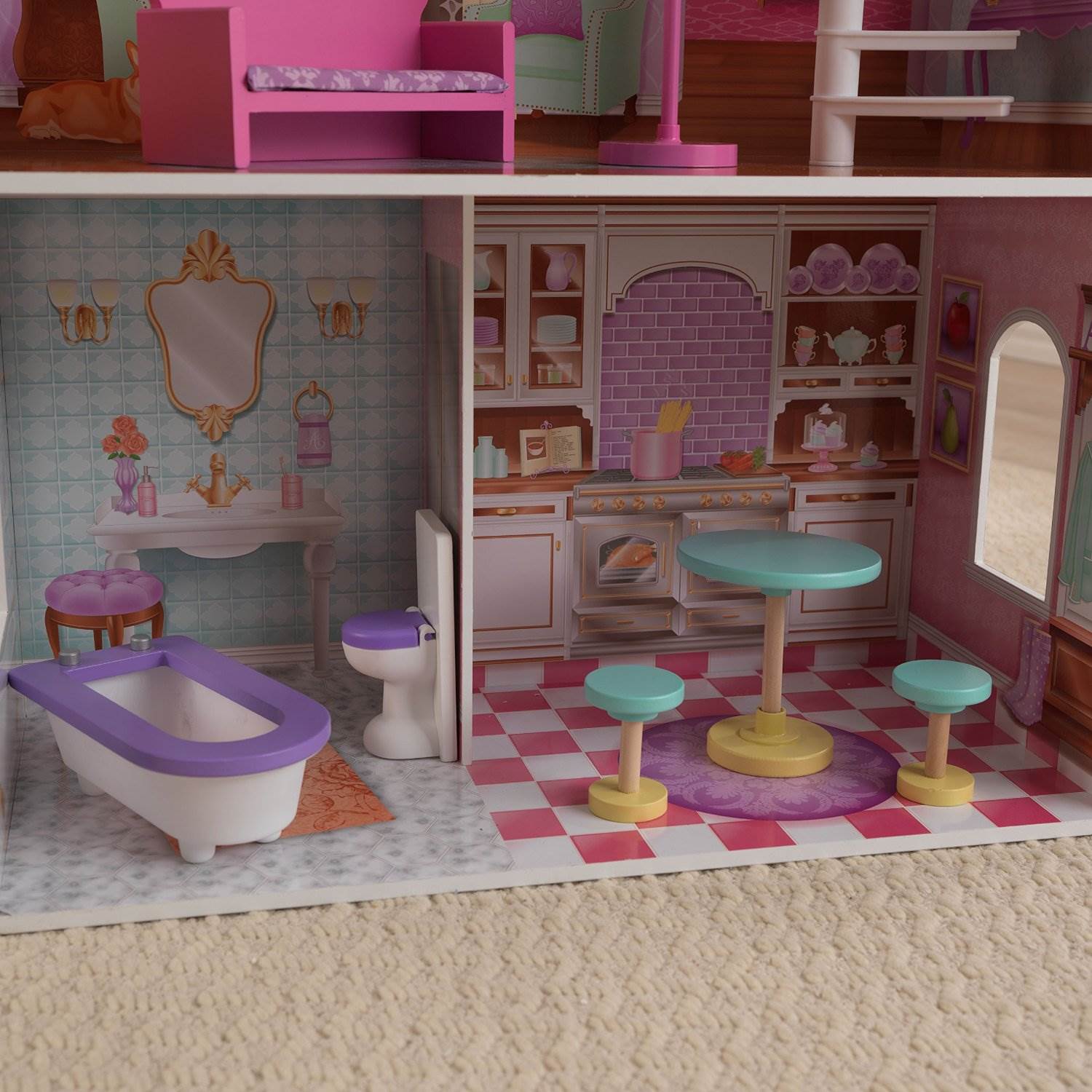 KidKraft Penelope Soft Pastel Wooden Play Dollhouse with Furniture + Doll Family
