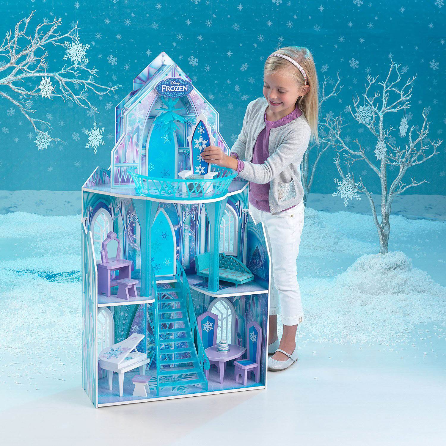 KidKraft Disney's Frozen Ice Castle 5 Room Wooden Play Dollhouse + Doll Family