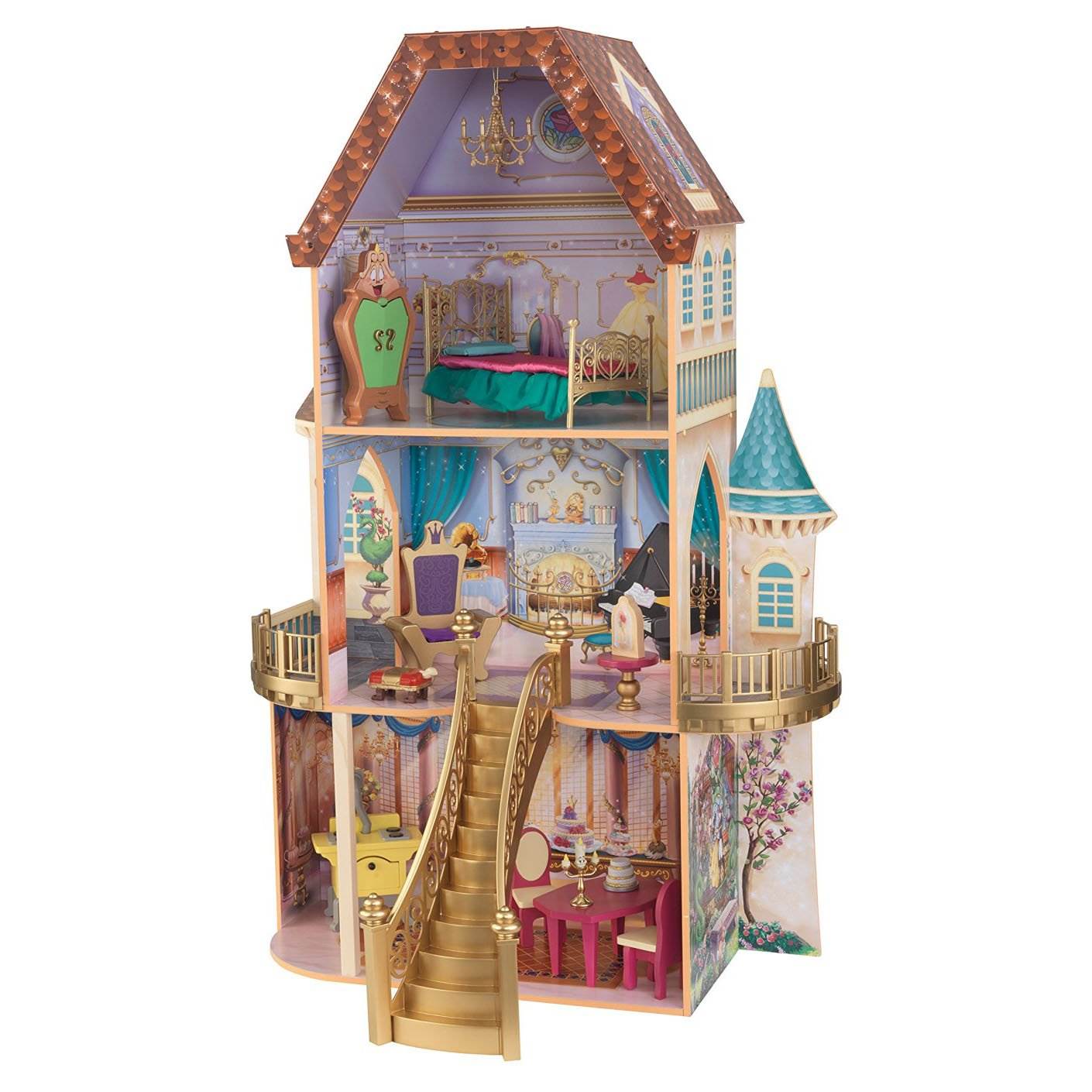 KidKraft Belle's Enchanted 3 Floor Wooden Pretend Play Dollhouse + Doll Family