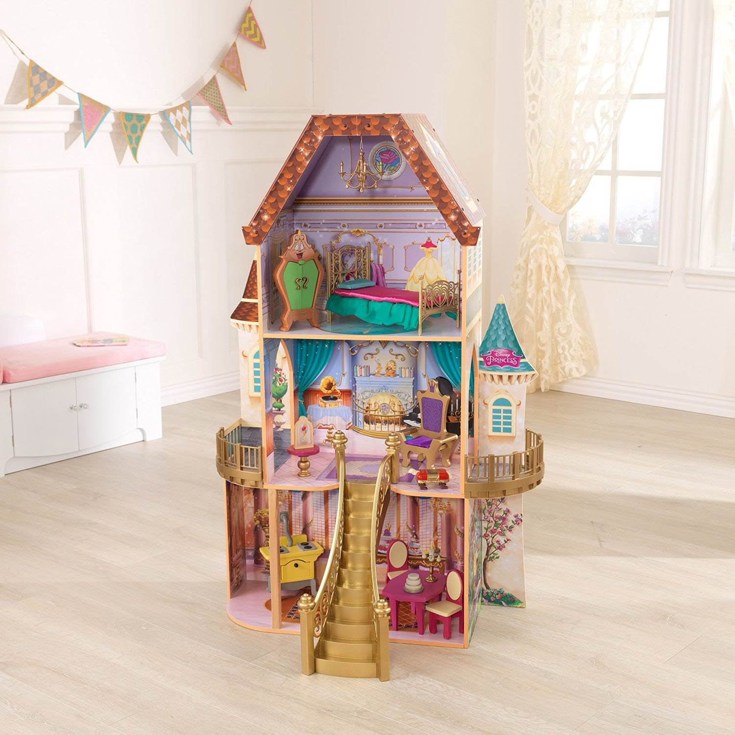 KidKraft Belle's Enchanted 3 Floor Wooden Pretend Play Dollhouse + Doll Family