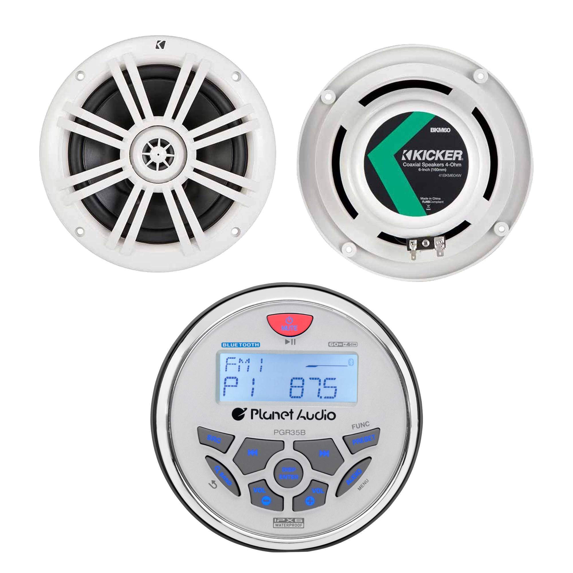 Kicker 6.5 Inch 150W Marine Speakers (2 Pack) & 3.5 Inch Bluetooth Boat Receiver