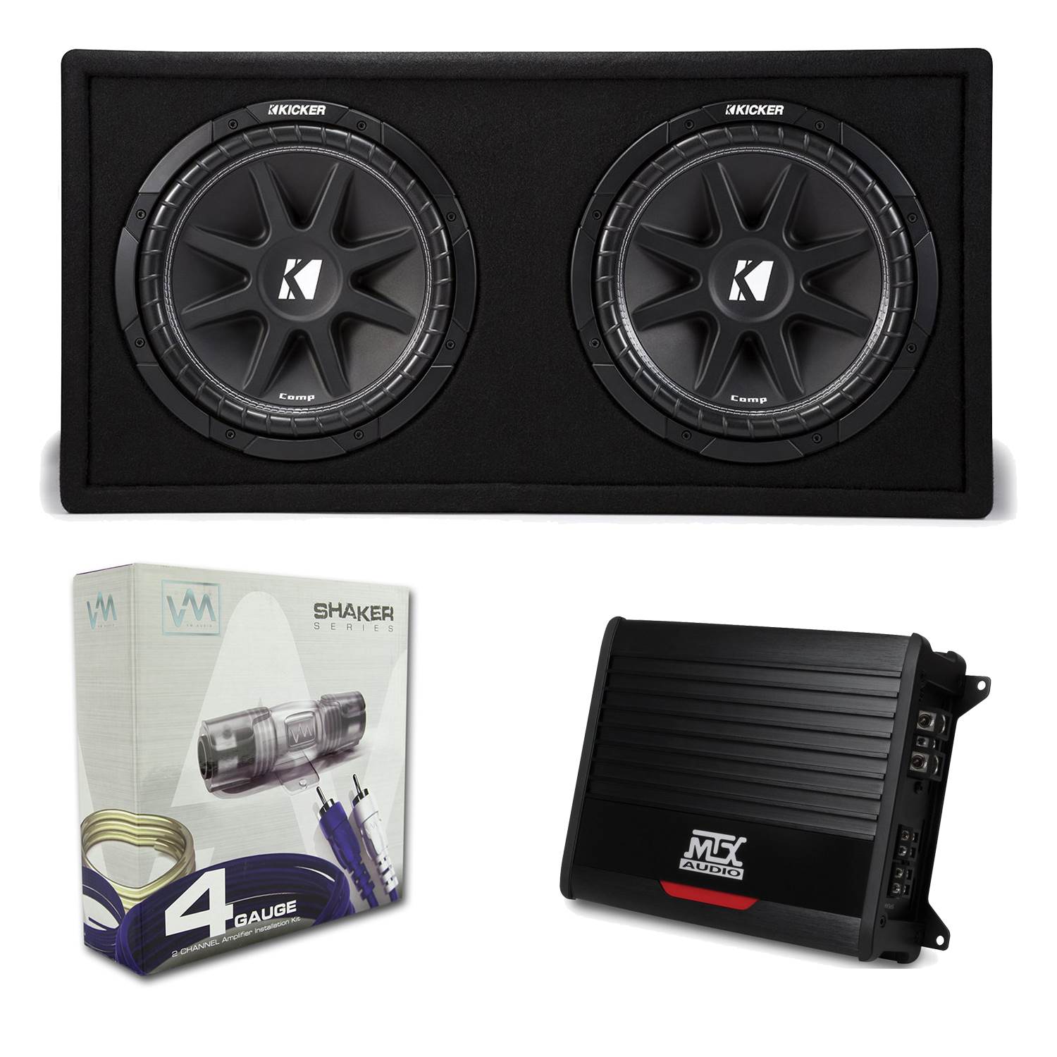 Kicker 12" 600W Dual Loaded Subwoofer Enclosure + 500W Bass Amplifier + Wiring