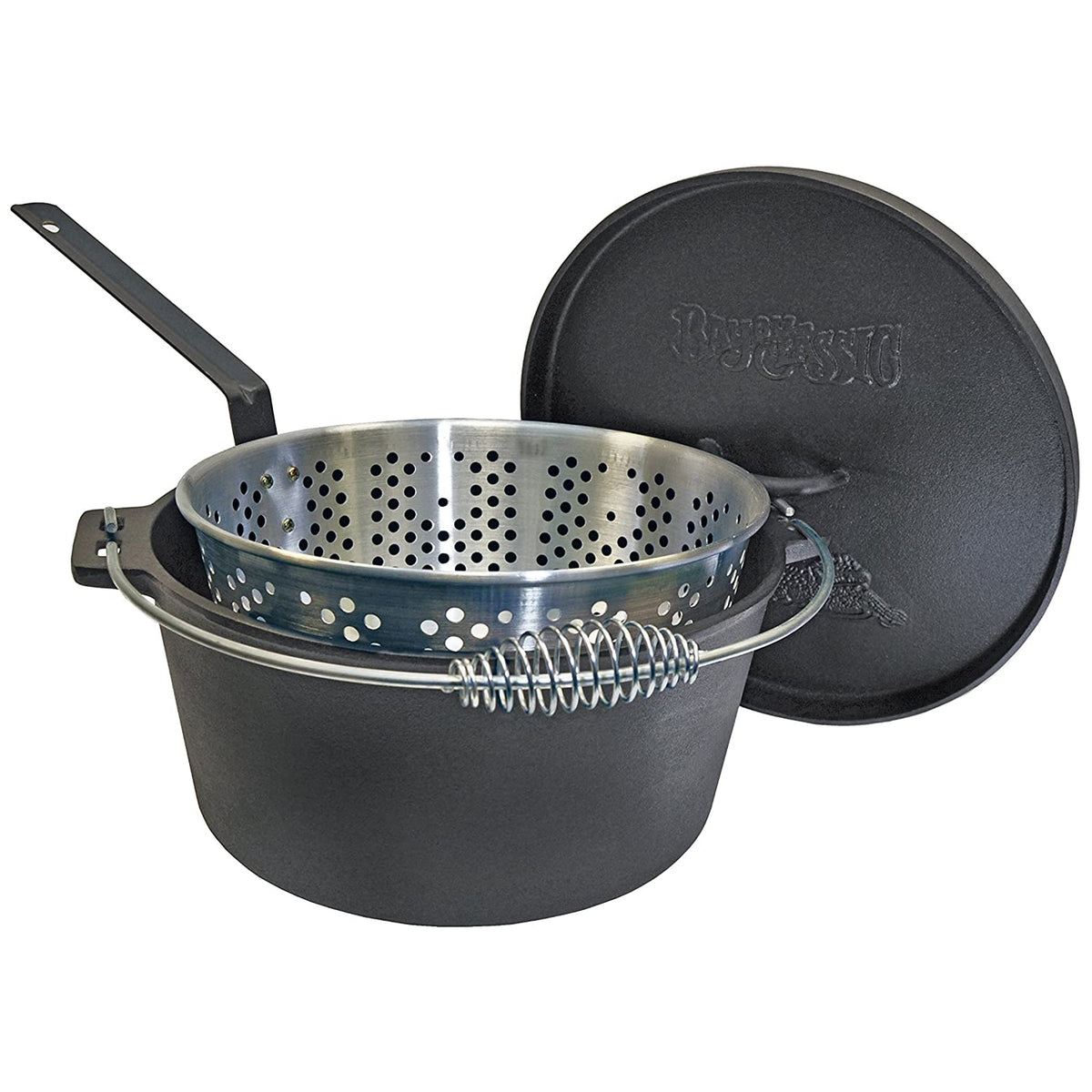 Bayou Classic 14 Quart Seasoned Cast Iron Dutch Oven with Basket and Lid, Black