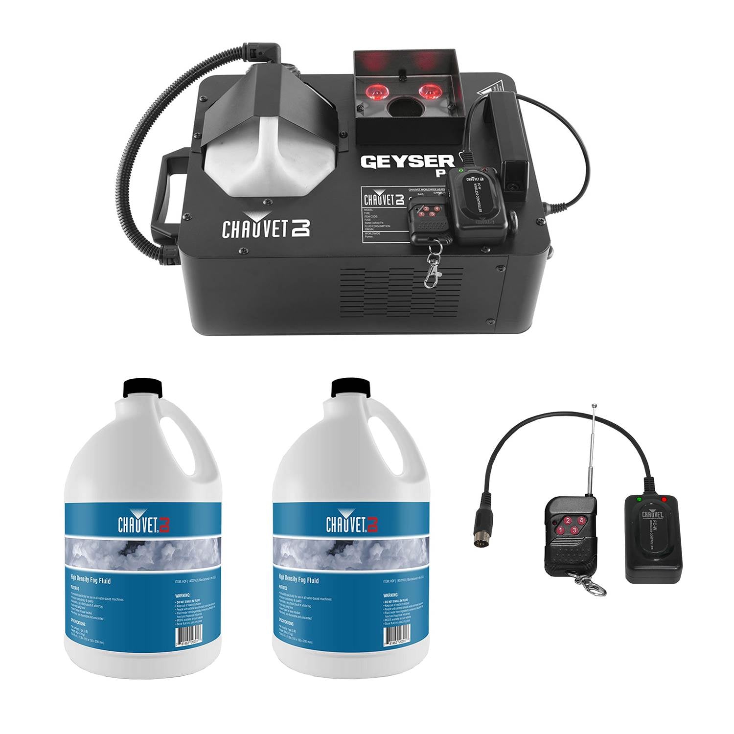 Chauvet Geyser P4 Fog Machine with Remote + Chauvet Fog Juice Fluid, 2 Gallons