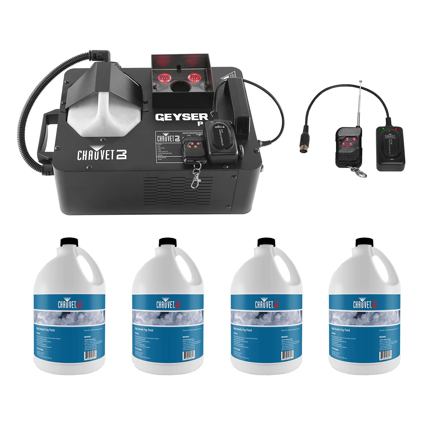 Chauvet Geyser P4 Fog Machine with Remote + Chauvet Fog Juice Fluid, 4 Gallons