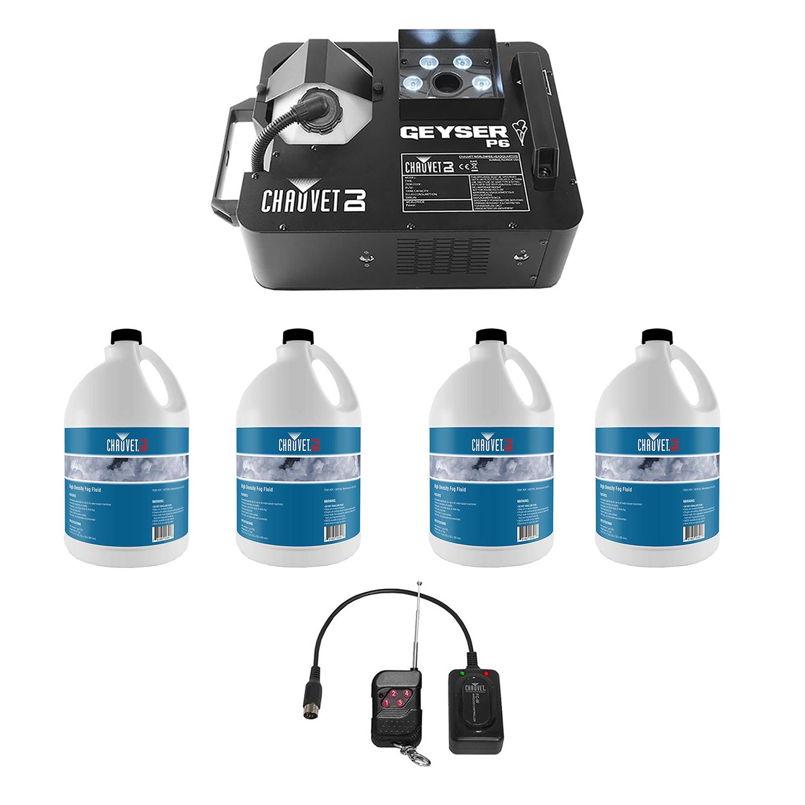Chauvet Geyser P6 Fog Machine With Remote + Chauvet Fog Juice Fluid, 4 Gallons