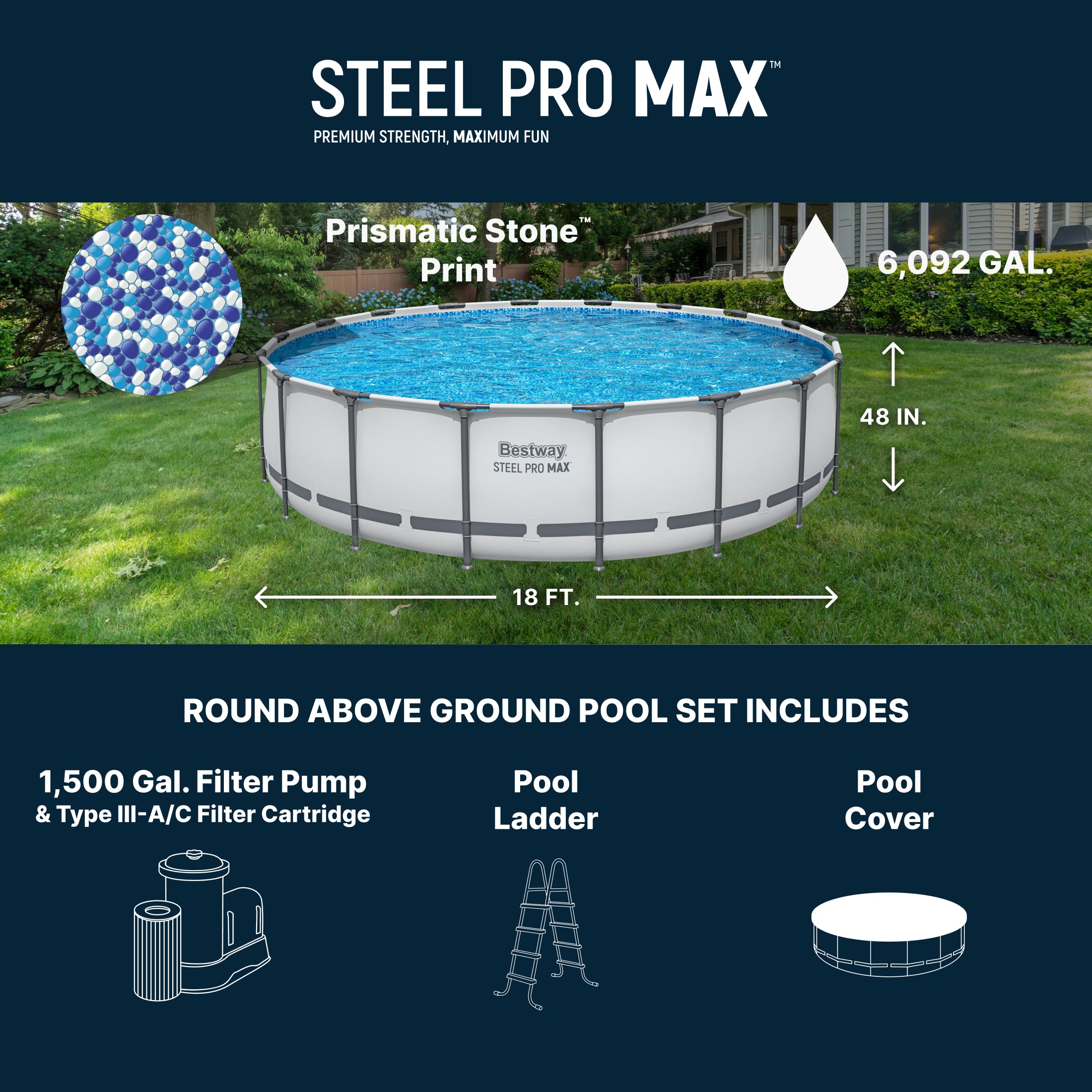 Bestway Steel Pro MAX 18'x48" Round Above Ground Swimming Pool with Pump & Cover - VMInnovations
