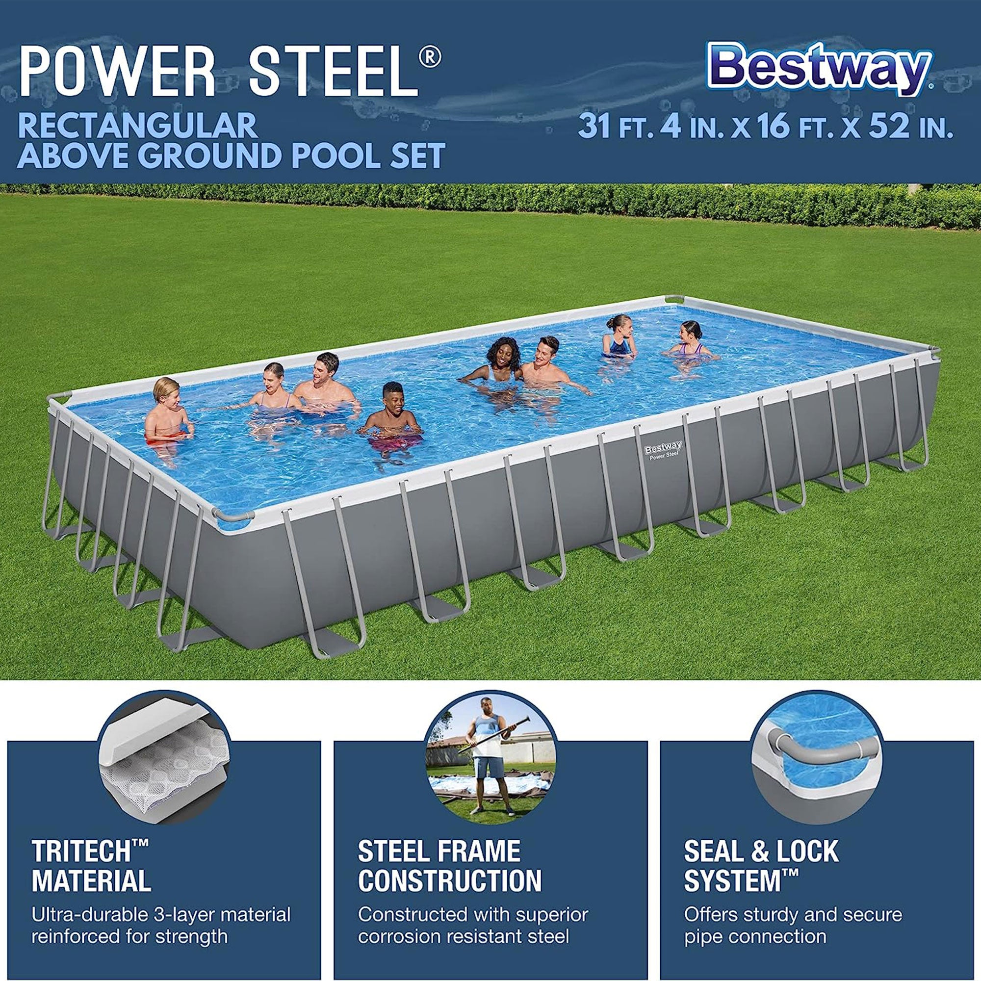 Bestway 56625E Power Steel 31ft x 16ft x 52in Rectangular Above Ground Pool Set - VMInnovations