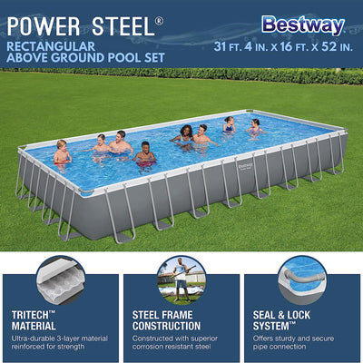 Bestway Power Steel 31'4" x 16' x 52" Rectangular Above Ground Swimming Pool Set - VMInnovations