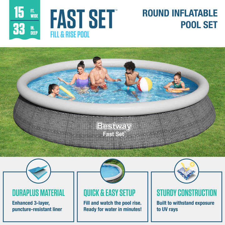 Bestway Fast Set 15'x33" Round Inflatable Outdoor Above Ground Swimming Pool Set - VMInnovations