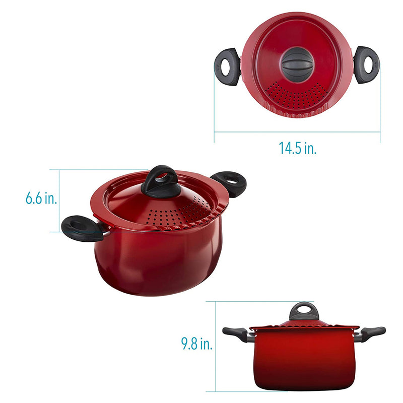 Bialetti 7550 Nonstick Aluminum 5 Quart Kitchen Pasta Pot with Strainer Lid, Red