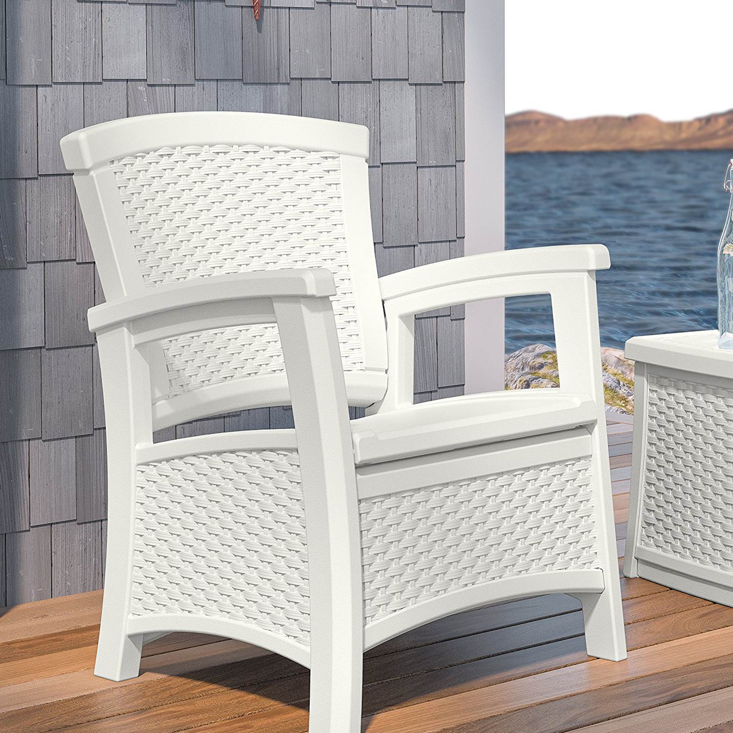 Suncast Elements Resin Wicker Design Club Chair with Storage, White (Used)