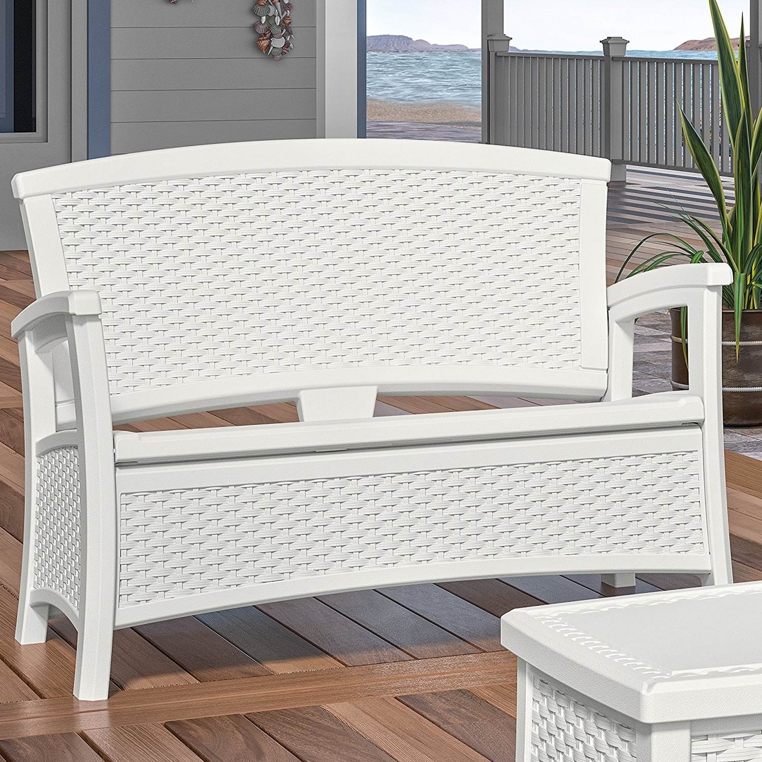 Suncast Elements Resin Wicker Design Loveseat with Storage, White (Open Box)